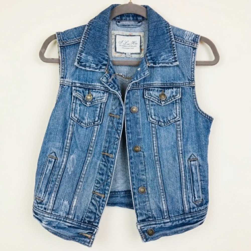 I Love H81 Blue Jean Denim Button Up Vest Small